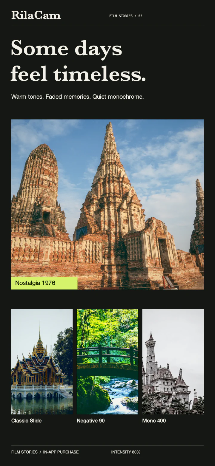 Film Stories showcase: an ancient temple in Nostalgia 1976, waterside architecture in Classic Slide, a stream in Negative 90, and a monochrome castle in Mono 400